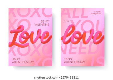 Valentines Day 3d love illustrations.Modern typography banner templates.Romantic greeting posters with 3d phrases,gradient pink background.Trendy vector concepts for prints,invitations,covers,promos