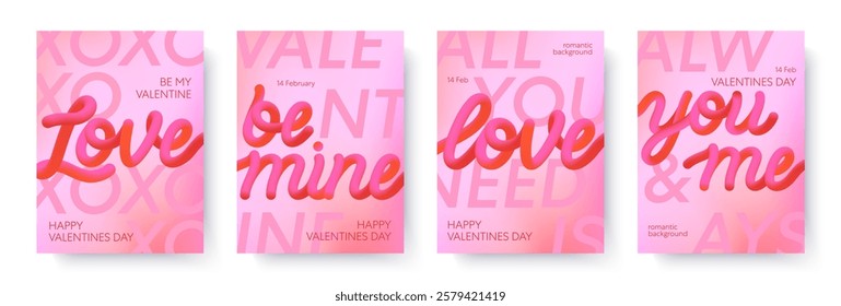 Valentines Day 3d love illustrations.Modern typography banner templates.Romantic greeting posters with 3d phrases,gradient pink background.Trendy vector concepts for prints,invitations,covers,promos