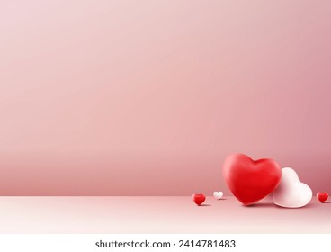 Valentine's Day 3D mockup features realistic red and white hearts on a soft pink background. Vector illustration