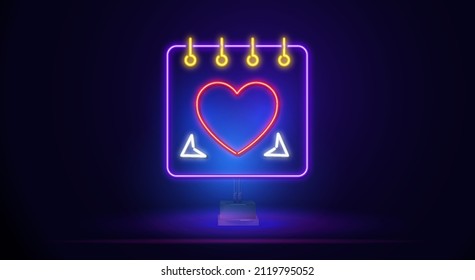 día de San Valentín. 3.ª señal de calendario neón en el estrado. Señal de neón realista. Cartel, logo, emblema y etiqueta del día del amor. Cartel luminoso, cartel luminoso.