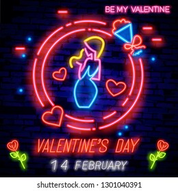 Valentine's day. 3d neon sign. Neon word BE MY VALENTINE. Realistic neon sign. Love day banner, logo, emblem and label. Bright signboard, light banner.