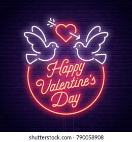 Valentine's day. 3d neon sign. Realistic neon sign. Love day banner, logo, emblem and label. Bright signboard, light banner.  