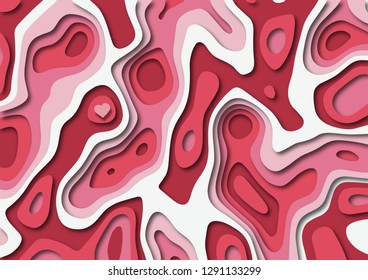 Valentines day 3D paper cut out background in shades of red, pink and white. EPS10 vector format.