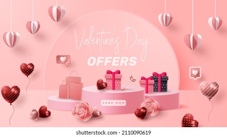 Valentine's Day 3D Podium Product Presentation For Banner, Advertising, And Business. Vector Illustration
