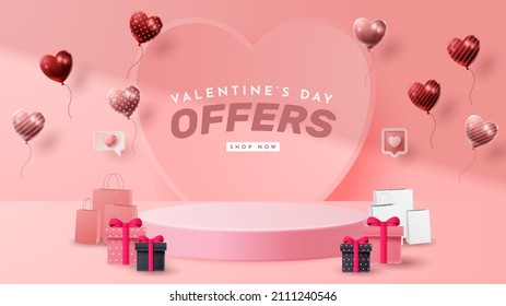 Valentine's day 3D podium product presentation for banner, advertising, and business. vector illustration