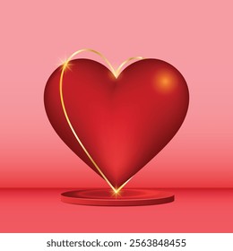 Valentines Day- 3D Red Heart with Gold Heart Line-Vector Illustration design