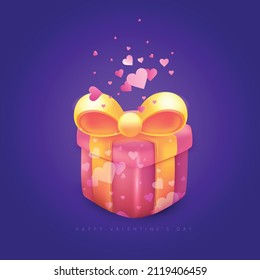 Valentines day, 3d red and pink  hearts, gift box, love icon, love time, romantic background, creative banner, web poster, greeting cards. Vector illustration