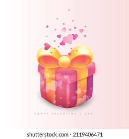 Valentines day, 3d red and pink  hearts, gift box, love icon, love time, romantic background, creative banner, web poster, greeting cards. Vector illustration