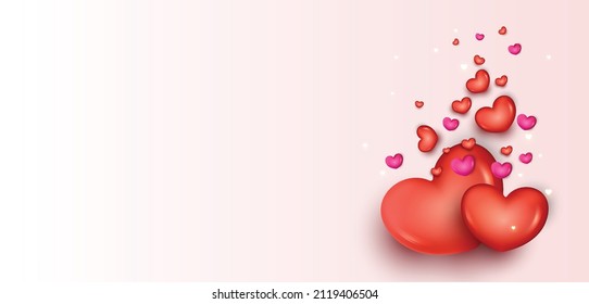 Valentines day, 3d red and pink  hearts, gift box, love icon, love time, romantic background, creative banner, web poster, greeting cards. Vector illustration