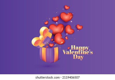 Valentines day, 3d red and pink  hearts, gift box, love icon, love time, romantic background, creative banner, web poster, greeting cards. Vector illustration
