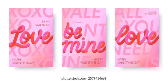 Valentines Day 3d romantic illustrations.Modern typography banner templates.Romantic greeting posters with 3d phrases,gradient background.Trendy vector concepts for prints,invitations,ad,covers,promos