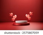 Valentines Day 3D scene with a red and white podium surrounded by metallic red hearts on a deep red backdrop. Romantic product displays, mockups, and elegant showcases