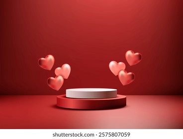 Valentines Day 3D scene with a red and white podium surrounded by metallic red hearts on a deep red backdrop. Romantic product displays, mockups, and elegant showcases