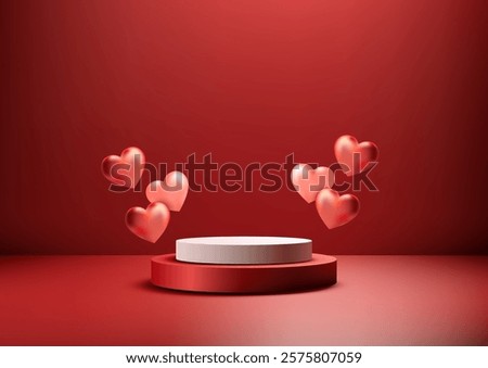 Valentines Day 3D scene with a red and white podium surrounded by metallic red hearts on a deep red backdrop. Romantic product displays, mockups, and elegant showcases