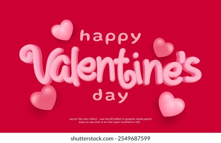 valentines day 3d text effect with pink background and illustration of several floating hearts