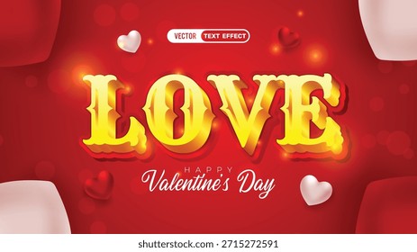Día de San Valentín 3D efecto de texto marchitado y fondo de oro e ilustración de varios corazones flotantes