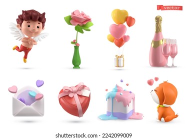 Valentine's day 3d vector cartoon icon set. Cupid, rose, balloons, pink champagne, letter and hearts, gift, cake, puppy svg