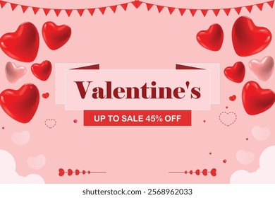 Valentine's Day 45% up to sale background. Romantic composition with hearts . Vector illustration for website , posters, ads, coupons, promotional material.