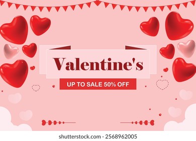 Valentine's Day 50% up to sale background. Romantic composition with hearts . Vector illustration for website , posters, ads, coupons, promotional material.