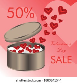 Valentine's Day 50% sale banner design with the box of red hearts. Vector illustration template.