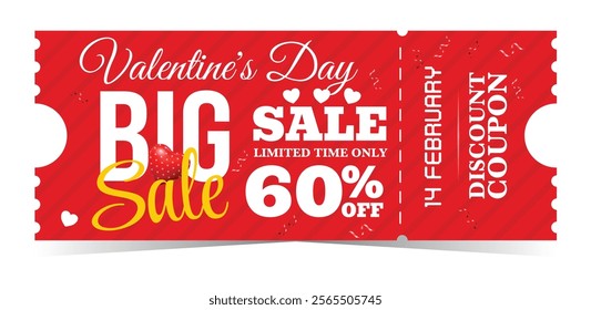 Valentine's Day, 60% off Sale Voucher Coupon. sixteen percent promotion illustration. Tag label, sale banner with discount coupon. Red Vector gift voucher.