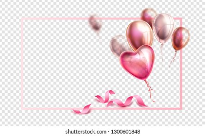 Valentines day, 8 of march women day, wedding or marriage background. Realistic heart shape balloons with golden confetti. Holiday decoration. Invitation, greeting card, birthday celebration design.