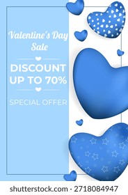 San Valentín. Plantilla A4 con corazones azules Grandes y 3D para ventas, publicidad, impresiones, tarjetas, mensajes, publicaciones, carteles y más.