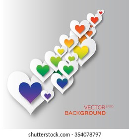 Valentine's day abstract applique background with colorful cut paper hearts. Pop up Vector illustration