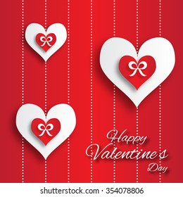 Valentine's day abstract applique background with cut red and white paper hearts with bow Pop up Vector illustration