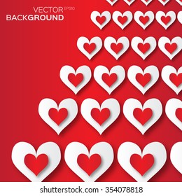 Valentine's day abstract applique background with cut red and white paper hearts. Pop up Vector illustration