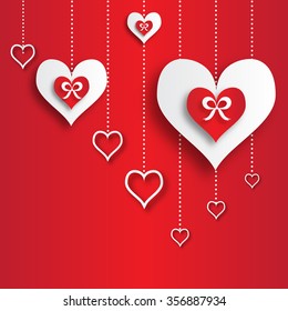 Valentine's day abstract applique background with cut red and white paper hearts with ribbon bow. Pop up Vector illustration