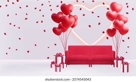 Valentine's day abstract background with 3d balloons. and  red sofa for Valentine's Day Heart shape. February 14, love