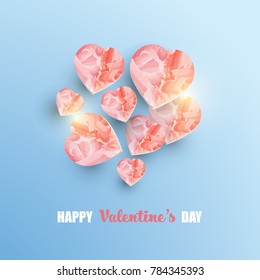 Valentine's day abstract background with 3d heart shapes painted with pink water  color on pale blue background. Vector illustration. 