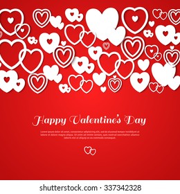 Valentine's day abstract background with cut paper hearts. Vector illustration. Red background with white hearts. Place for you text message. Greeting card design template