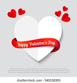 Valentines day abstract background with cut paper heart and curl red ribbon. Realistic vector illustration