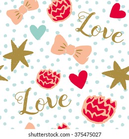 Valentines day abstract background with dots. Vector seamless pattern with love. Red, gold, mint and white colors. Bow, star, heart elements.
