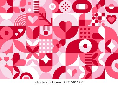 Valentines day abstract background with geometric shapes pattern. Vector romantic modular tile in shades of white and red featuring hearts, arrows and symmetrical figures with 80s retro aesthetics