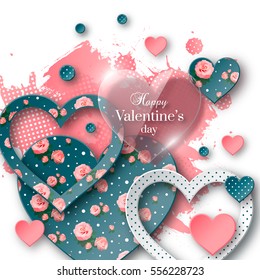 Valentine's day abstract background with glossy, cut paper floral hearts and watercolor splash. Abstract greeting banner, cards. Vector illustration. EPS 10.