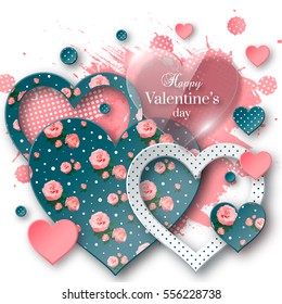 Valentine's day abstract background with glossy, cut paper floral hearts and watercolor splash. Abstract greeting banner, cards. Vector illustration. EPS 10.