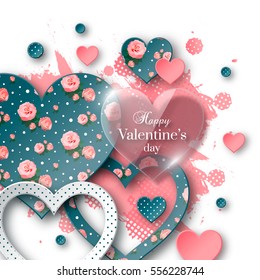 Valentine's day abstract background with glossy, cut paper floral hearts and watercolor splash. Abstract greeting banner, cards. Vector illustration. EPS 10.