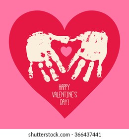 Valentine's day abstract background with handprint heart. Heart hands. Children handprint art. Kids craft. Vector eps 10 illustration