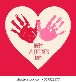 Valentine's Day Abstract Background With Handprint Heart. Heart Hands. Children Handprint Art. Kids Craft. Vector Eps 10 Illustration