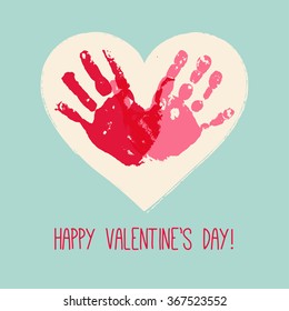 Valentine's day abstract background with handprint heart. Heart hands. Children handprint art. Kids craft. Vector eps 10 illustration