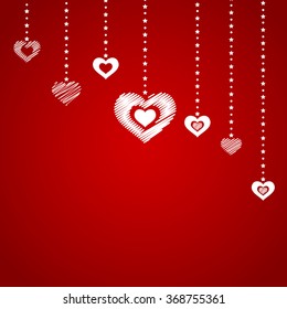 Valentine`s Day abstract background with hanging hearts. Vector Illustration.