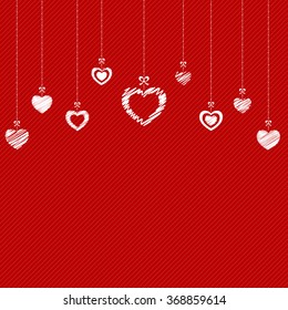 Valentine`s Day abstract background with hanging hearts. Vector Illustration.
