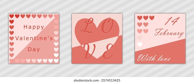 Valentine's Day abstract background with hearts pattern and text. set of modern design vector template en pink. for cover, poster, banner, backdrop, greeting, invitation, brochure, social media square