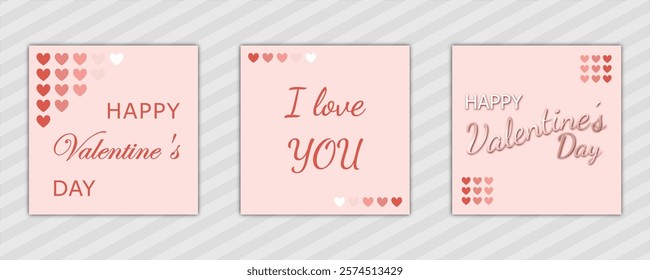 Valentine's Day abstract background with hearts pattern and text. set of modern design vector template en pink. for cover, poster, banner, backdrop, greeting, invitation, brochure, social media square