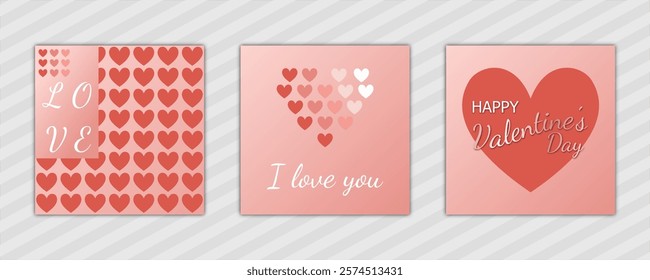 Valentine's Day abstract background with hearts pattern and text. set of modern design vector template en pink. for cover, poster, banner, backdrop, greeting, invitation, brochure, social media square