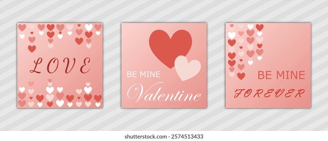 Valentine's Day abstract background with hearts pattern and text. set of modern design vector template en pink. for cover, poster, banner, backdrop, greeting, invitation, brochure, social media square