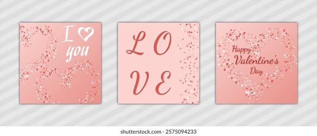 Valentine's Day abstract background with hearts pattern and text. set of modern design vector template en pink. for cover, poster, banner, backdrop, greeting, invitation, brochure, social media square